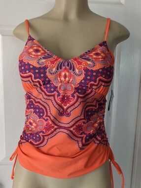 Prana Orange & Purple Paisley-Print Adjustable Tankini /Swim Top